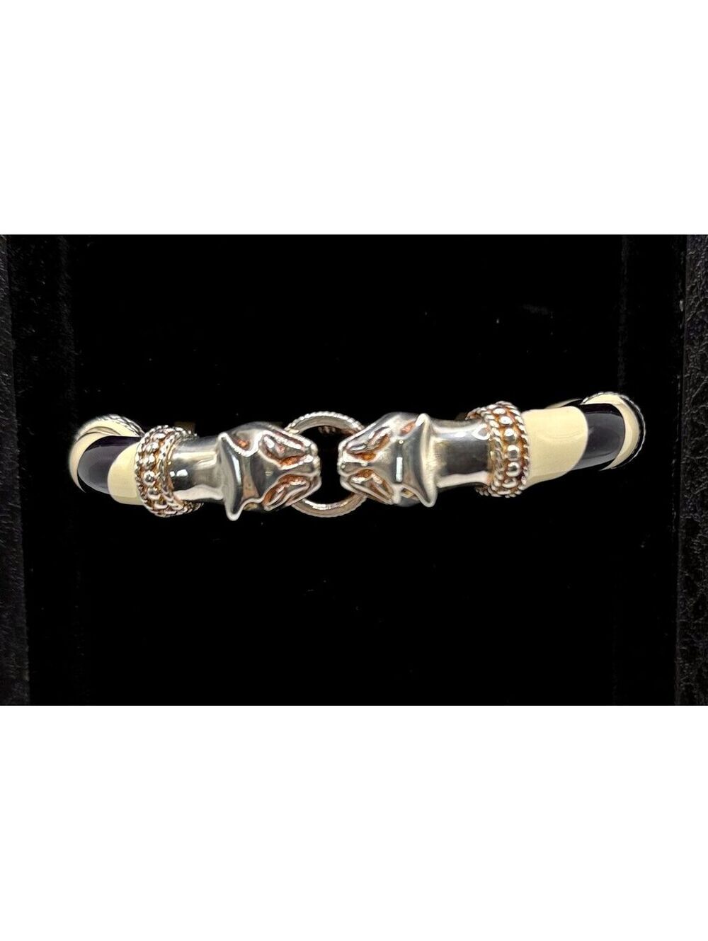 Vintage Milor 925 Silver Black & Cream Enamel Double Panther Head Cuff Bracelet